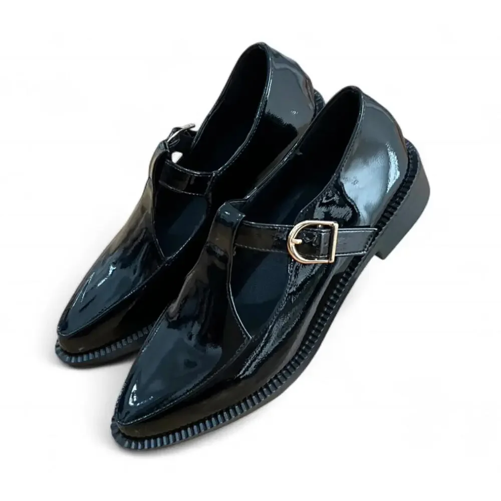 NIB Y2K Black Patent Faux Leather Chunky Platform Pointed Toe Mary Jane Shoes - Picture 6 of 7